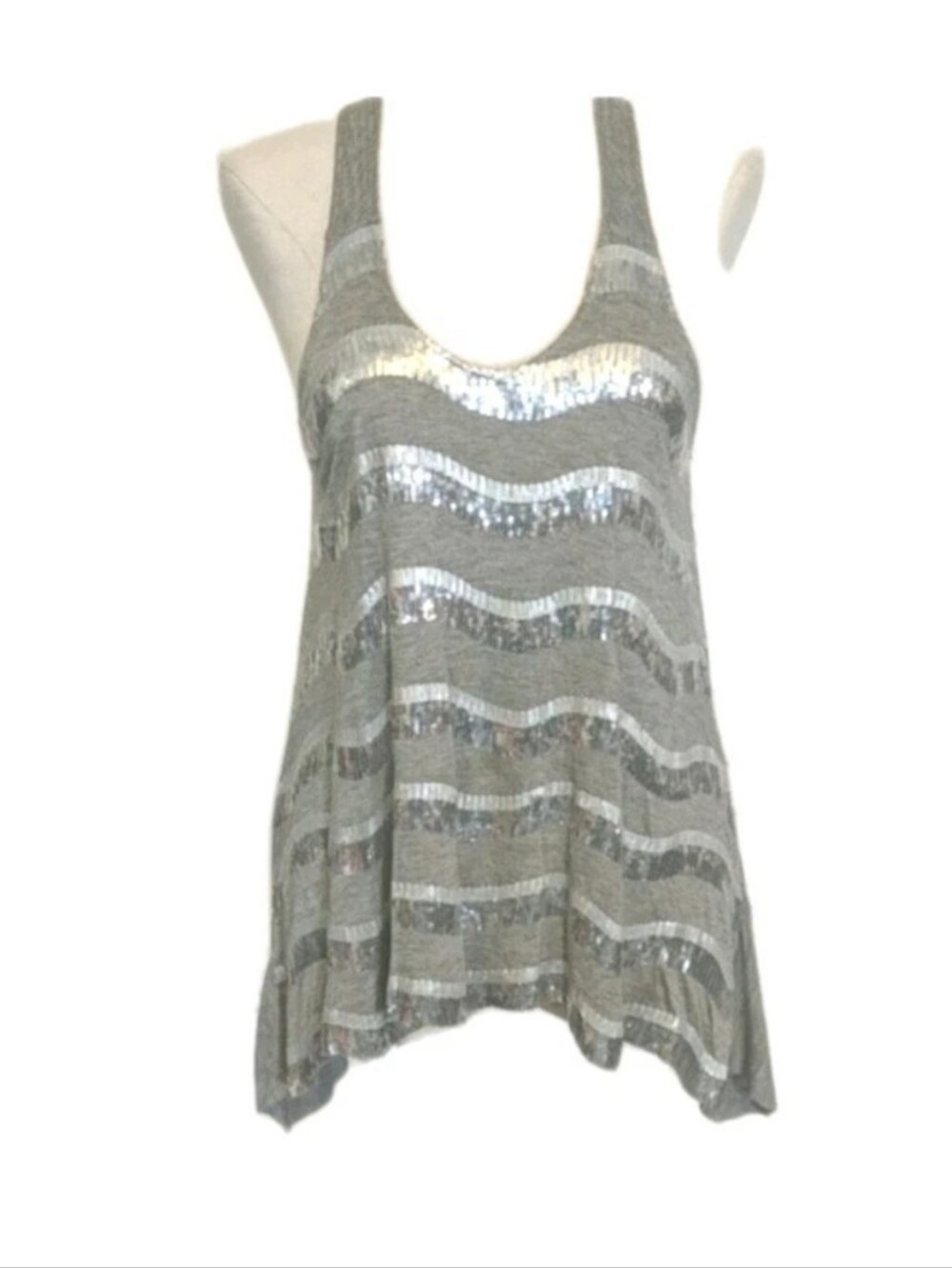 Bebe Cami Sequin tank top Asymmetrical blouse Women's Size XS Gray V-neck